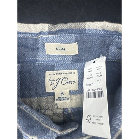 J Crew Mens Slim Blue Check Plaid Button Long Sleeve Flannel Shirt Sz S NEW - Picture 5 of 8